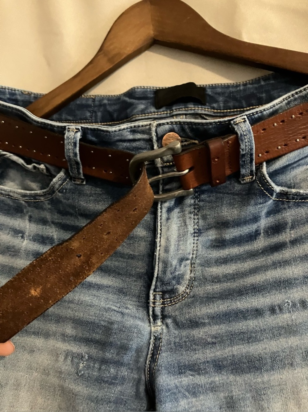 Buckle Black Light Blue Skinny Jeans with Brown Leather Belt - Picture 5 of 16